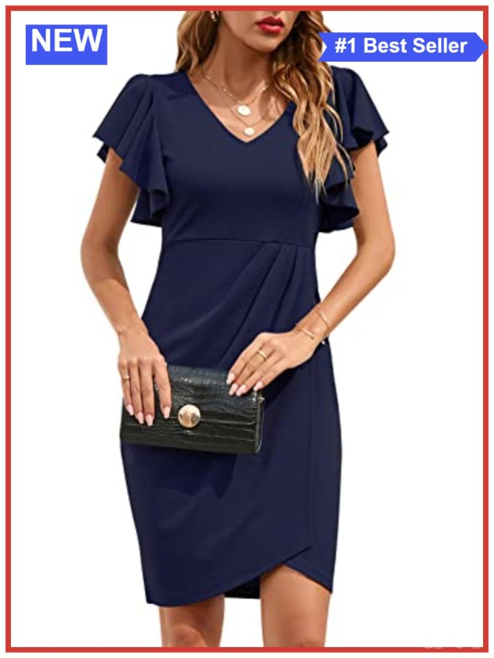 V Neck Ruffle Sleeve Bodycon Sheath Wrap Ruched Casual Cocktail Party Work Dress
